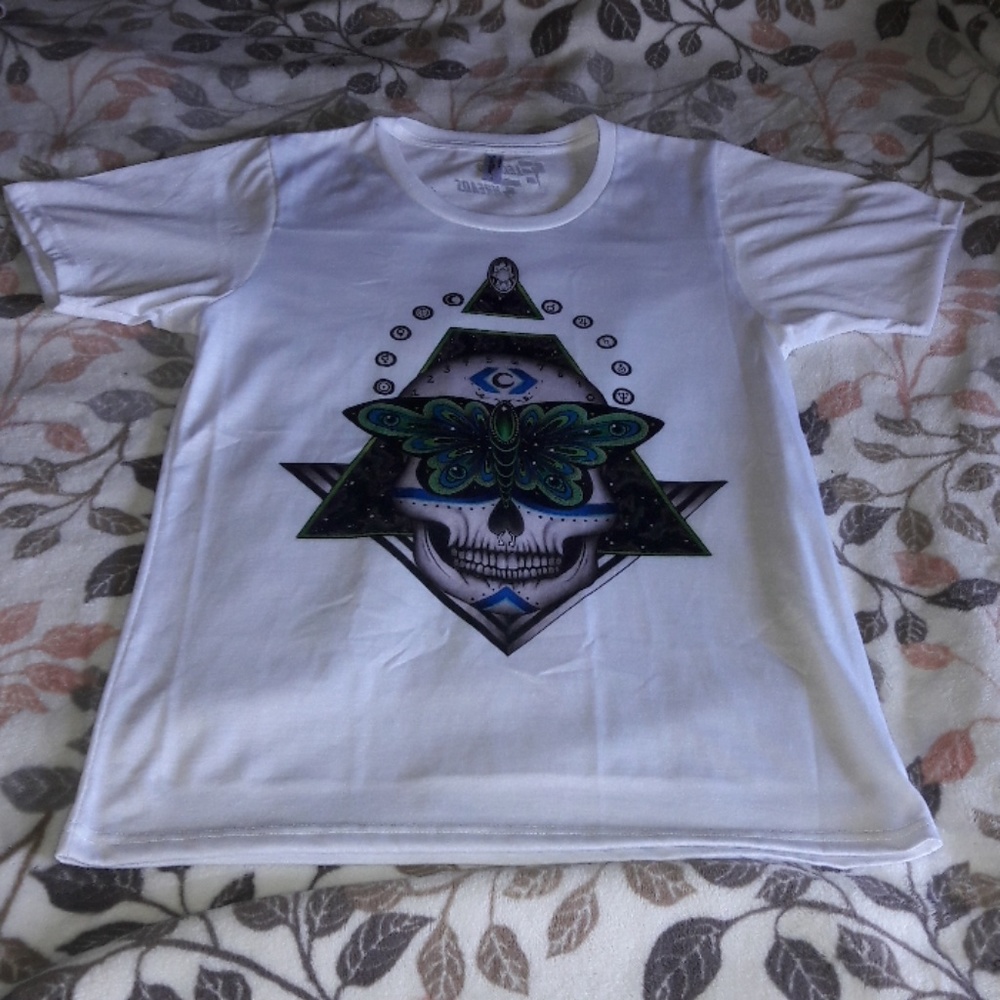 NEW White Psychedelic Skull Butterfly T Shirt